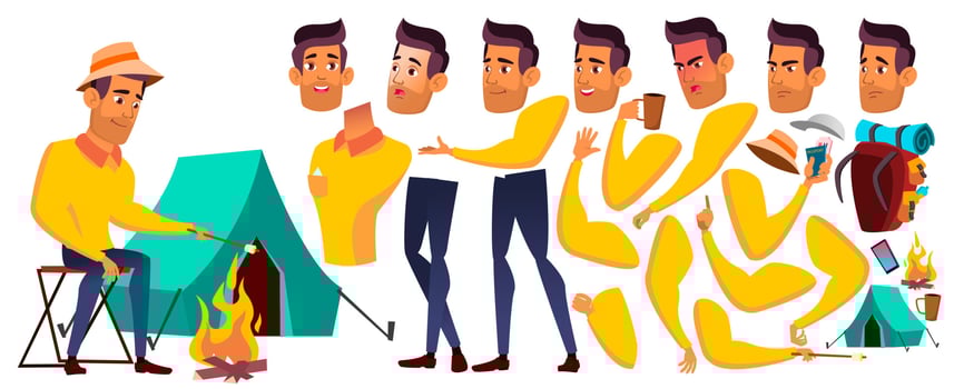 Teen Boy Vector. Arab, Muslim. Animation Creation Set. Hiking, Travel. Face Emotions, Gestures. Funny, Friendship. Animated. For Presentation, Invitation, Card Design. Isolated Cartoon Illustration vector