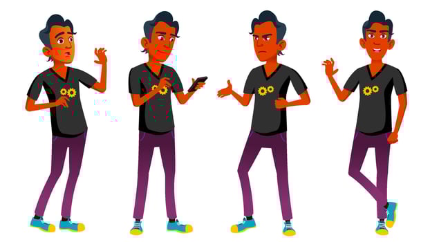 Teen Boy Poses Set Vector. Indian, Hindu. Asian. Emotional, Pose. For Advertising, Placard, Print Design. Isolated Cartoon Illustration vector