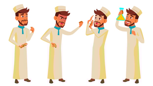 Teen Boy Poses Set Vector. Arab, Muslim. Pretty, Youth. For Postcard, Announcement, Cover Design. Isolated Cartoon Illustration vector