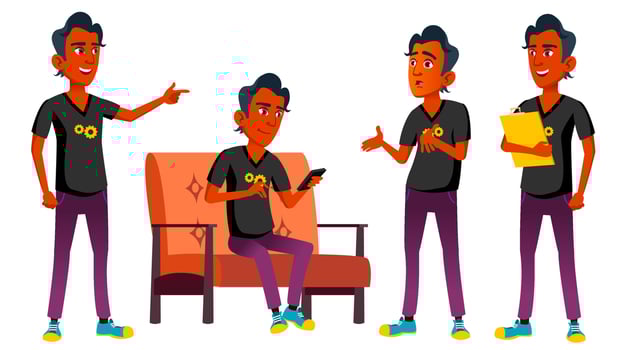 Teen Boy Poses Set Vector. Indian, Hindu. Asian. Beauty, Lifestyle. For Web, Poster, Booklet Design. Isolated Cartoon Illustration vector