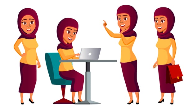 Teen Girl Poses Set Vector. Arab, Muslim. Cute, Comic. Joy. For Postcard, Announcement, Cover Design. Isolated Cartoon Illustration vector