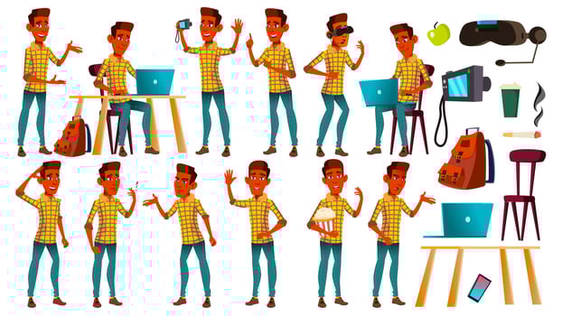 Teen Boy Poses Set Vector. Indian, Hindu. Asian. Face. Children. For Web, Brochure, Poster Design. Isolated Cartoon Illustration vector