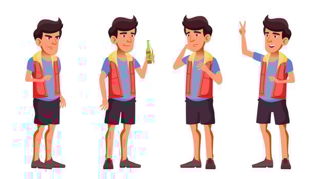 Asian Teen Boy Poses Set Vector. Beer. Hello. Funny, Friendship. For Advertisement, Greeting, Announcement Design. Isolated Cartoon Illustration vector