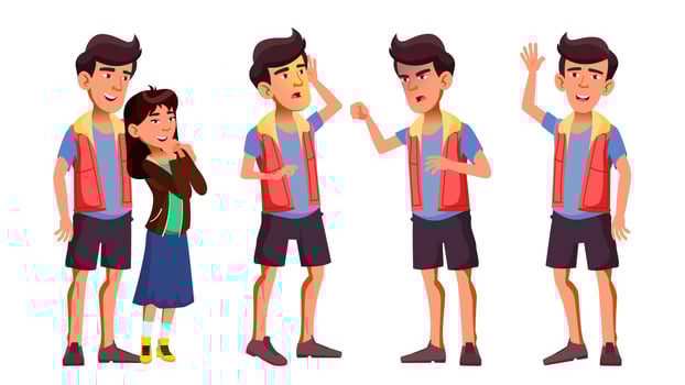 Asian Teen Boy Poses Set Vector. Activity, Beautiful. Girlfriend In Love. For Cover, Placard Design. Isolated Cartoon Illustration vector