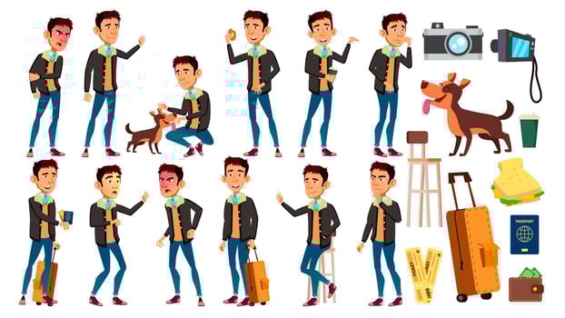 Asian Teen Boy Poses Set Vector. Active, Expression. For Presentation, Print, Invitation Design. Isolated Cartoon Illustration vector