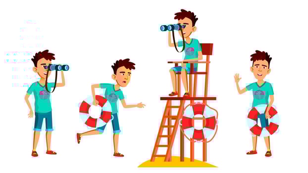 Asian Teen Boy Poses Set Vector. Face. Lifeguard On The Beach. Sea, Vacation. For Web, Brochure, Poster Design. Isolated Cartoon Illustration vector