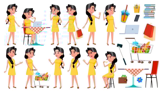 Teen Girl Poses Set Vector. Emotional, Pose. For Advertising, Placard, Print Design. Isolated Cartoon Illustration vector