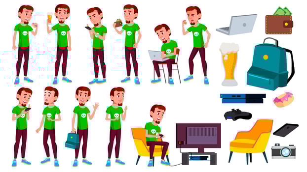 Teen Boy Poses Set Vector. Leisure, Smile. For Web, Brochure, Poster Design. Isolated Cartoon Illustration vector
