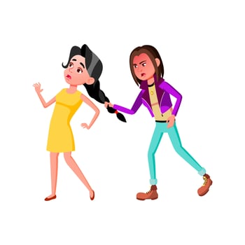 Girl Pulling Teen Pigtail With Aggression Vector