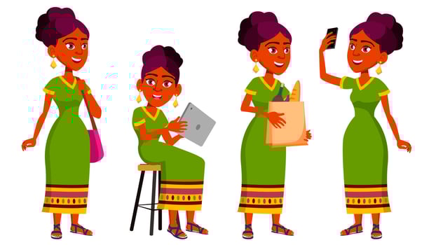 Teen Girl Poses Set Vector. Indian, Hindu. Asian. Leisure, Smile. For Web, Brochure, Poster Design. Isolated Cartoon Illustration vector