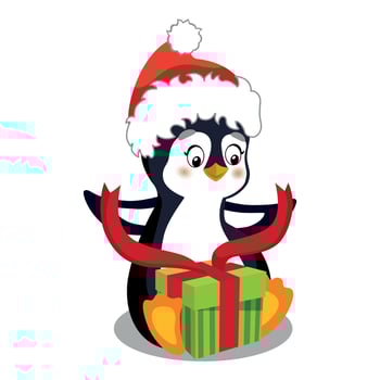 New Year Illustration, Winter Set. A Cute Little Penguin In A Santa Hat Unpacks A Gift With A Red Ribbon. Character On White Background, Isolated Object. A Series Of Cute Animals For Kids vector