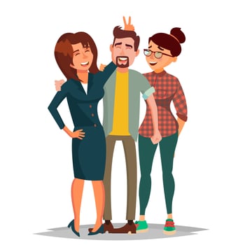 Friends Taking Photo Vector. Laughing People Group, Office Colleagues. Creative Man And Women. Friendship Concept. Isolated Cartoon Illustration vector