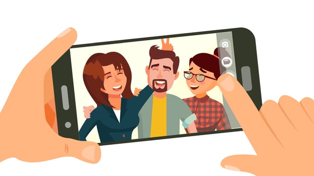 Taking Photo On Smartphone Vector. Smiling Friends Taking Selfie. People Posing. Hand Holding Smartphone. Friendship Concept. Isolated Flat Cartoon Illustration vector