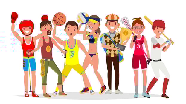 Summer Sports Vector. Set Of Players In Boxing, Hiking, Basketball, Volleyball, Golf, Lacrosse, Baseball. Isolated On White Background Flat Cartoon Illustration vector