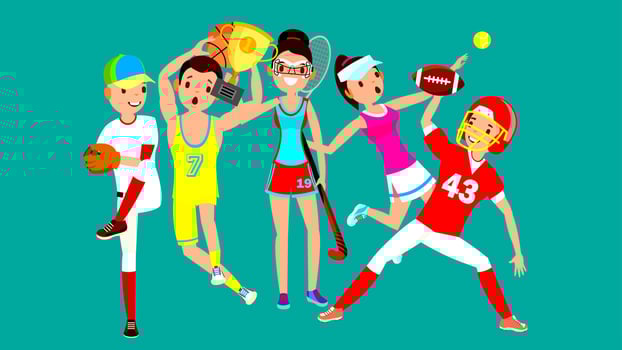 Athlete Set Vector. Man, Woman. Baseball, Basketball, Field Hockey, Tennis, American Football. Group Of Sports People In Uniform, Apparel. Sportsman Character In Game Action. Flat Cartoon Illustration vector