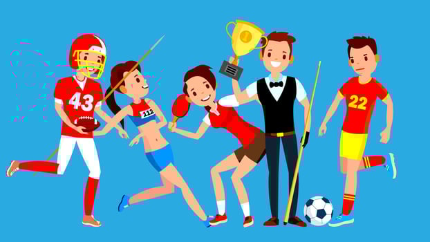 Athlete Set Vector. Man, Woman. American Football, Athletics, Table Tennis, Snooker, Soccer. Group Of Sports People In Uniform, Apparel. Sportsman Character In Game Action. Flat Cartoon Illustration vector