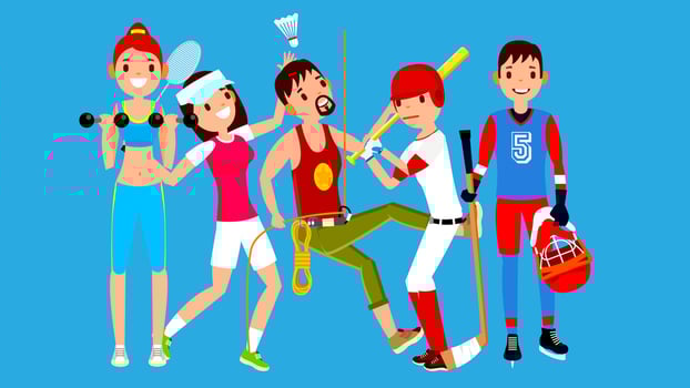 Athlete Set Vector. Man, Woman. Fitness Girl, Tennis, Climber, Baseball, Hockey. Group Of Sports People In Uniform, Apparel. Sportsman Character In Game Action. Flat Cartoon Illustration vector