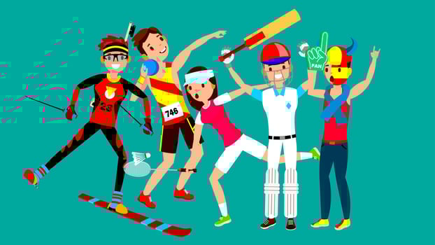 Athlete Set Vector. Man, Woman. Skiing, Athletics, Tennis, Baseball, Fan. Group Of Sports People In Uniform, Apparel. Sportsman Character In Game Action. Flat Cartoon Illustration vector