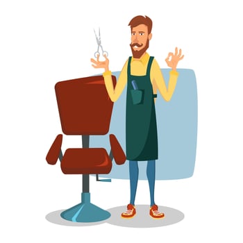 Barber Character Vector. Modern Barber Shop. Classic Lounge Chair. Cartoon Isolated Illustration. vector