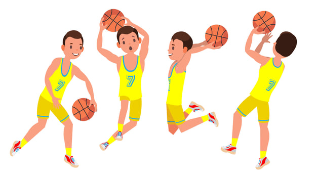 Professional Basketball Player Vector. Yellow Uniform. Playing With A Ball. Healthy Lifestyle. Team Action Stickers.Isolated On White Cartoon Character Illustration vector