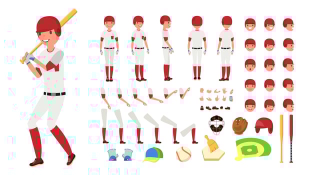 Baseball Player Vector. Animated Character Creation Set. American Base Ball Tools And Equipment. Full Length, Front, Side, Back View, Accessories, Poses, Face Emotions, Gestures. Isolated Flat Cartoon vector