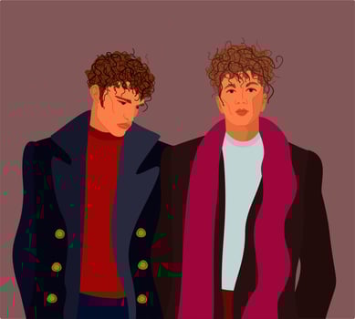 Two young men in warm outfit. Vector illustration on dark pink background. Two male models with curly hair, in coats and sweaters.