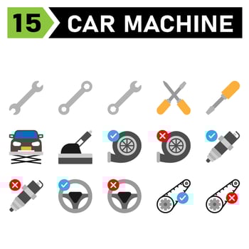 car machine icon set include tools, tool, wrench, setting, car, screwdriver, lift, service, maintenance, automobile, handbrake, brake, turbo, machine, engine, accept, broken, spark, plug, mechanic vector
