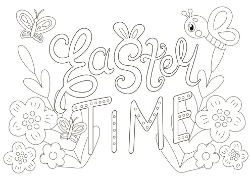 Cute coloring page for easter with  scandinavian style lettering and butterfliy chatacters vector