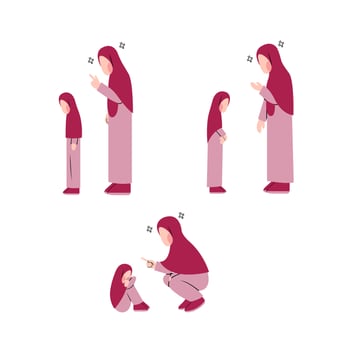 Set Of Muslim Mother Character Scolding Muslim Daughter vector