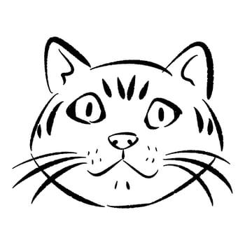 hand drawn illustration of cat face with bulging eyes. line art, black outline. cute kitten cartoon character. doodle sketch. Perfect for print, poster, greeting card. vector