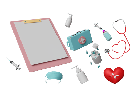 3d check list template with first aid kit bag, stethoscope, syringe, red heart, blood pressure heart rate isolated. health love or world heart day concept, 3d render illustration png