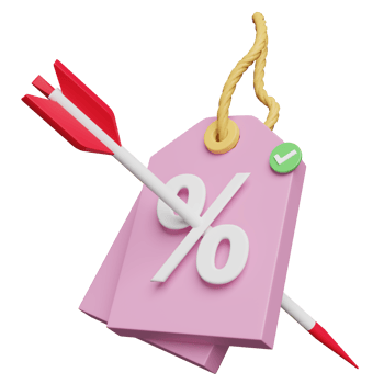 3d discount sales icon for shopping online with darts or arrow isolated. price tags coupon, marketing promotion bonuses concept, 3d render illustration png