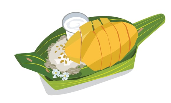 Thai dessert vector illustration Mango sticky rice placed on a banana leaf on