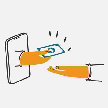 hand drawn doodle hand giving money from device screen illustration vector