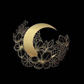 Hand drawn crescent moon decorated in flower decoration vector