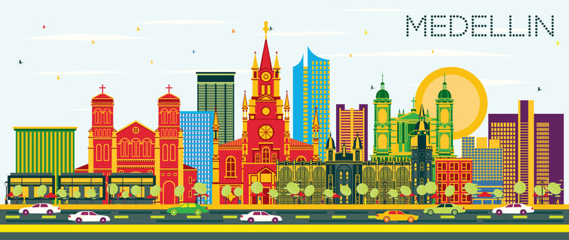 Medellin Colombia City Skyline with Color Buildings and Blue Sky. vector