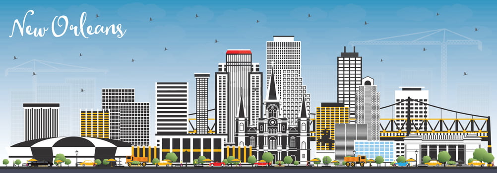 New Orleans Louisiana City Skyline with Gray Buildings and Blue Sky. vector