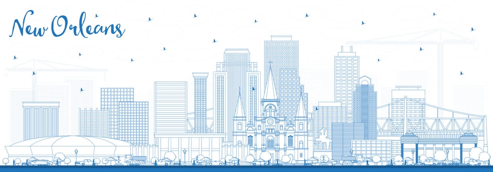 Outline New Orleans Louisiana City Skyline with Blue Buildings. vector