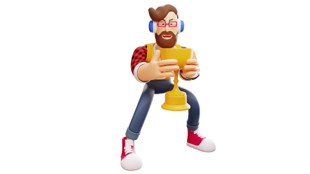 3D illustration. Smart young man 3D Cartoon Character. Youth is feeling happy. Great young man lifting trophy and smiling happily. 3D Cartoon Character png