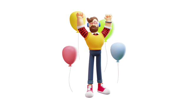 3D illustration. Cute young man 3D Cartoon Character. Cute young man very happy. Smiling young man surrounded by many colorful balloons. 3D Cartoon Character png