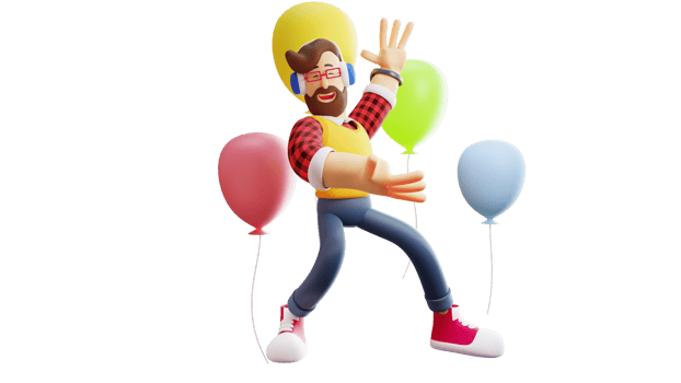 3D illustration. Happy young man 3D Cartoon Character. Stylish young man is dancing. Smiling young man surrounded by many colorful balloons. 3D Cartoon Character png