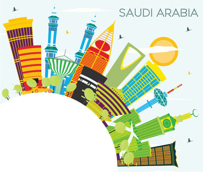 Saudi Arabia Skyline with Color Landmarks, Blue Sky and Copy Space. Mecca, Riyadh. vector