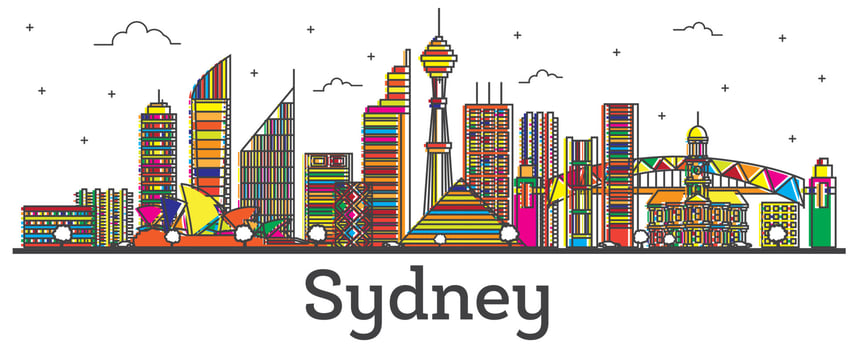Outline Sydney Australia City Skyline with Color Buildings Isolated on White. vector