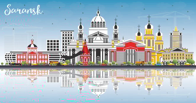 Saransk Russia City Skyline with Color Buildings, Blue Sky and Reflections. vector