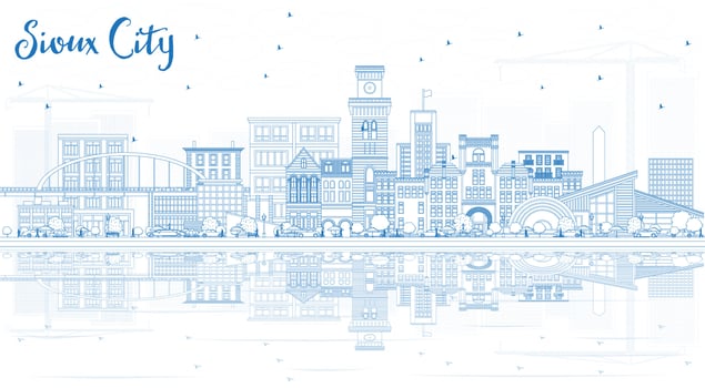 Outline Sioux City Iowa Skyline with Blue Buildings and Reflections. vector