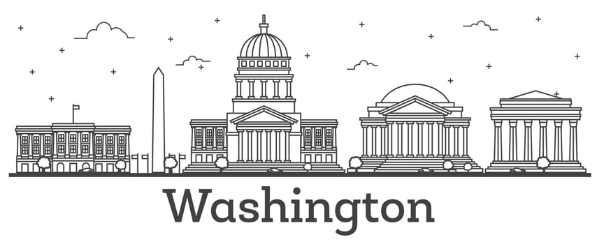 Outline Washington DC USA City Skyline with Modern Buildings Isolated on White. vector