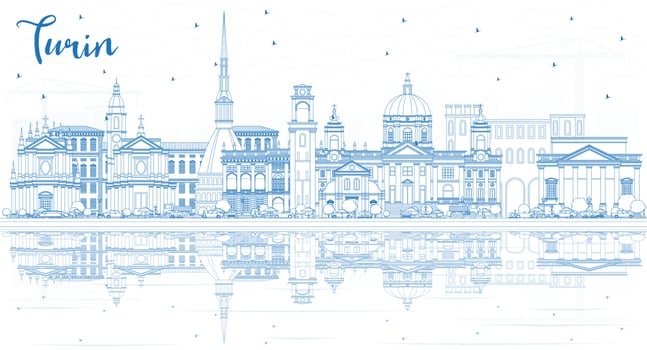 Outline Turin Italy City Skyline with Blue Buildings and Reflections. vector