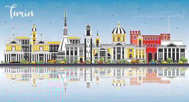 Turin Italy City Skyline with Color Buildings, Blue Sky and Reflections. vector