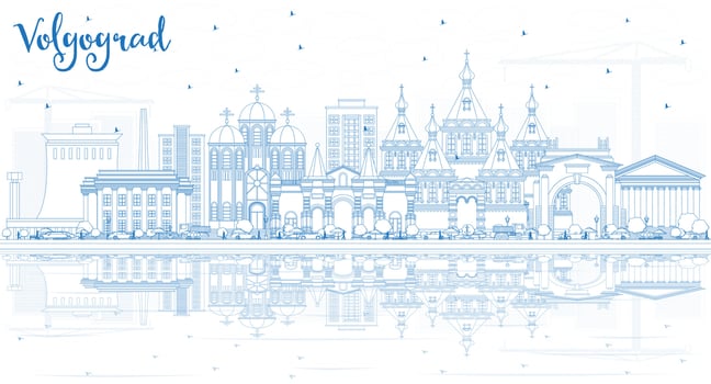 Outline Volgograd Russia City Skyline with Blue Buildings and Reflections. vector