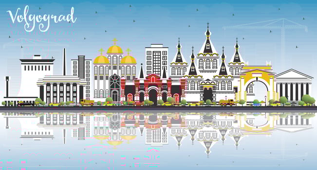 Volgograd Russia City Skyline with Color Buildings, Blue Sky and Reflections. vector